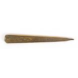 A scarce Avery brass cased triple crochet hook, the tapering case with floral and leaf decoration,