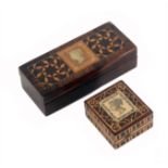 Two Tunbridge ware stamp boxes, comprising a rectangular rosewood example, the lid with a penny