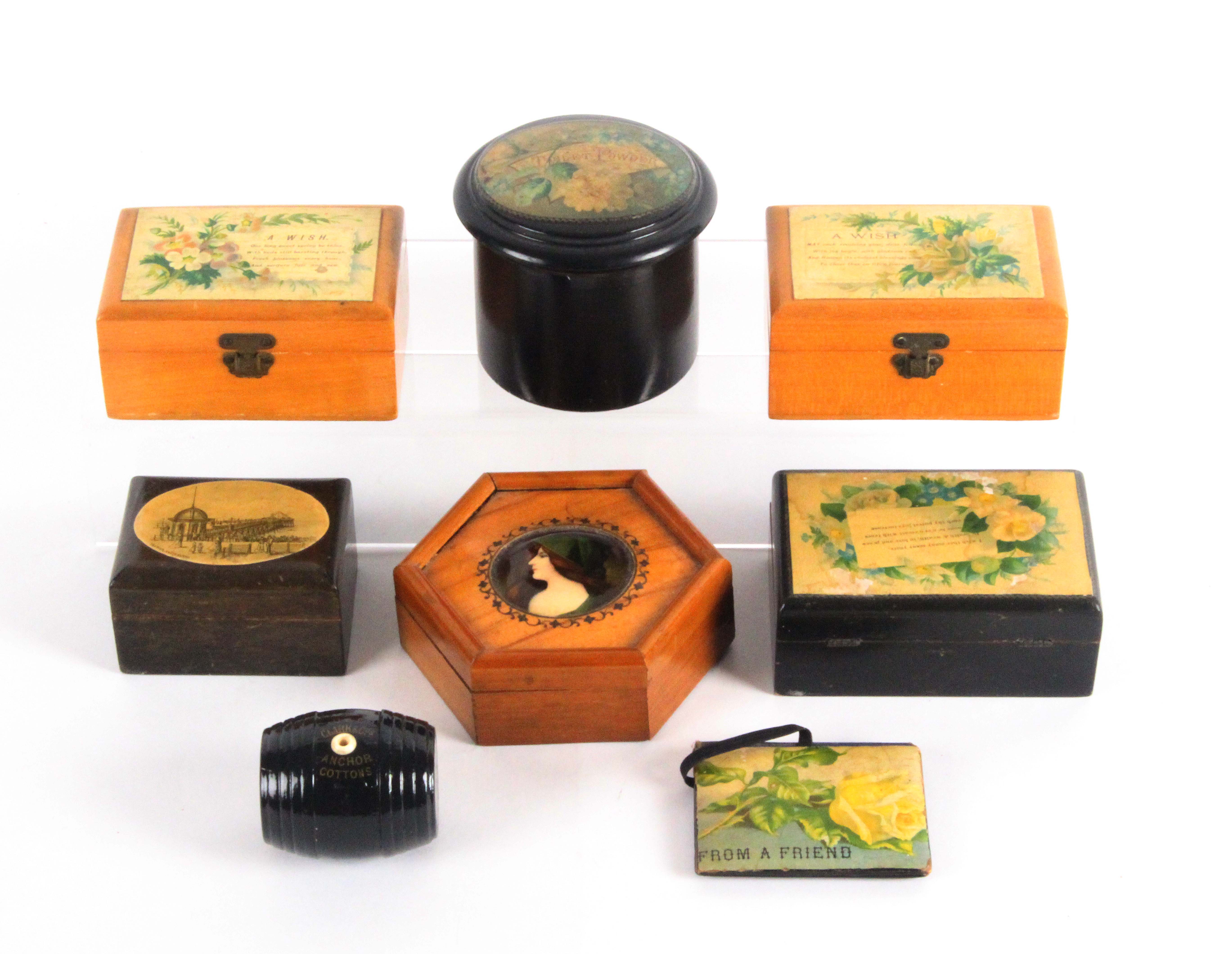 Mauchline and related wares, eight pieces, comprising a rectangular box (A Wish - flowers), 8.