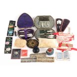 A mixed lot - sewing, comprising a leather heart shaped sewing case with seven tools, 14cms, another