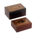 Two Tunbridge ware card boxes, comprising a rectangular rosewood example, the lid titled in