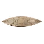 An elegant unmarked silver tatting shuttle, one side engraved with a vacant oval cartouche and