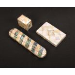 Three mother of pearl boxes, comprising a spectacle case with spiral bands of abalone shell, 15.