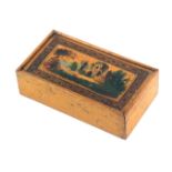 An early Tunbridge ware printed white wood reel box, of rectangular form, the sliding lid painted