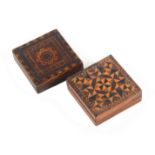 Two Tunbridge ware Tangram puzzle boxes, one in rosewood with stick ware geometric lid, complete