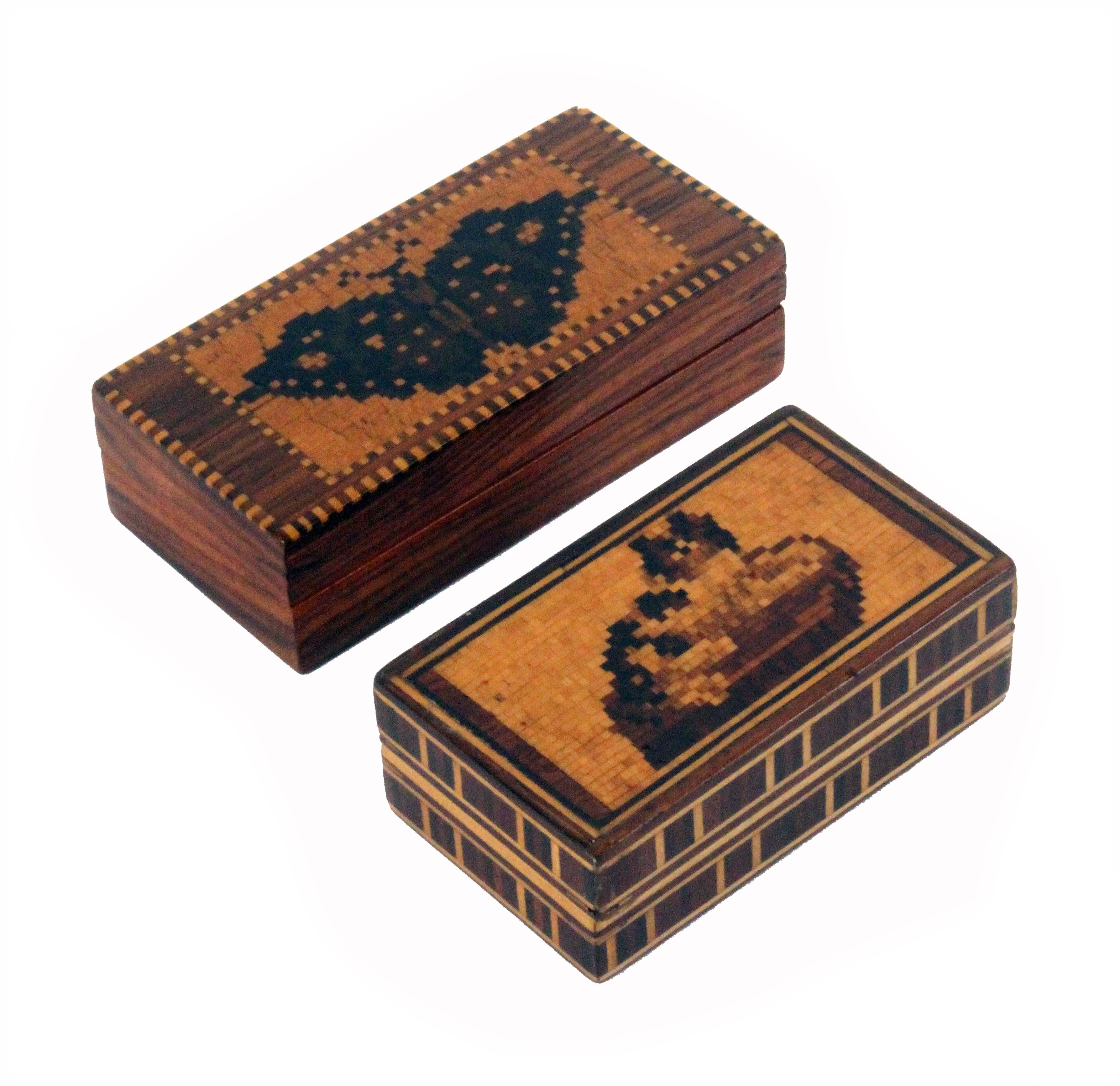 Two Tunbridge ware small rectangular boxes, one with a mosaic panel of a dog at rest over