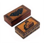 Two Tunbridge ware small rectangular boxes, one with a mosaic panel of a dog at rest over