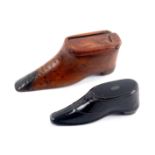 Two 19th Century shoe form snuff boxes, comprising a mahogany example with blackened flattened toe