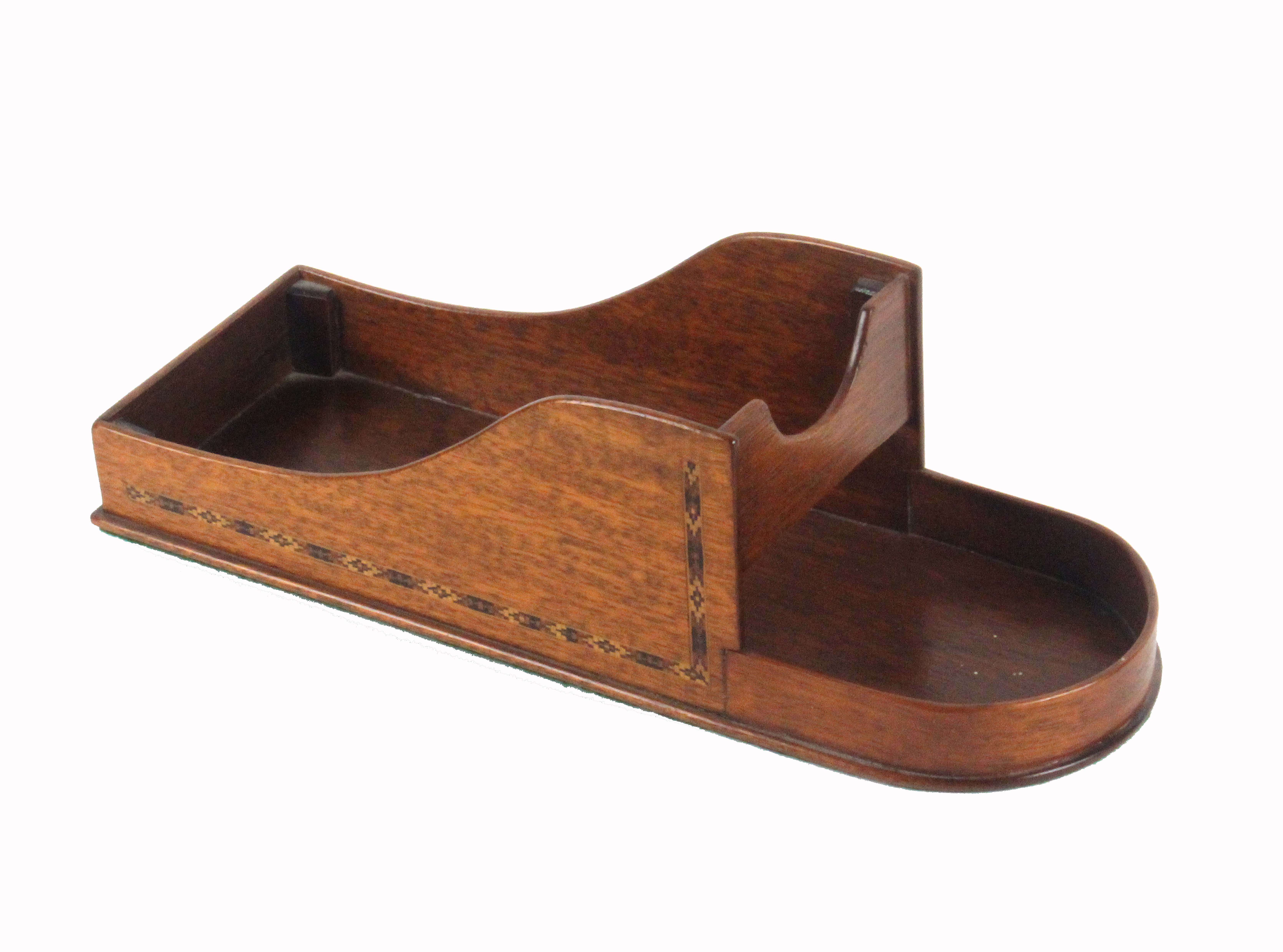 A late Tunbridge ware mahogany wine bottle cradle, the sides inset with bands of narrow geometric