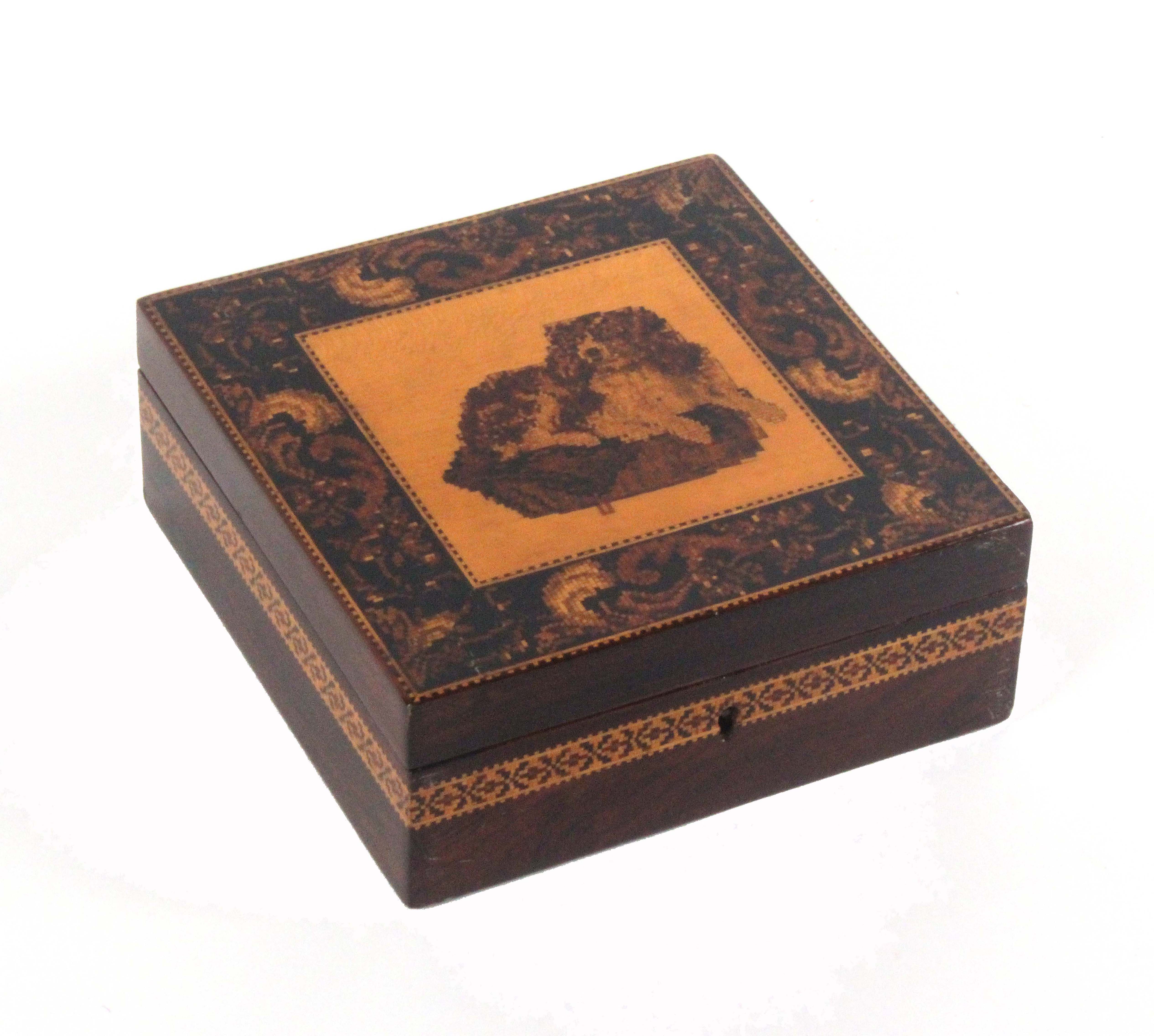 A rosewood Tunbridge ware box of square form, the lid centred by an inset mosaic panel of a dog at