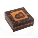 A rosewood Tunbridge ware box of square form, the lid centred by an inset mosaic panel of a dog at