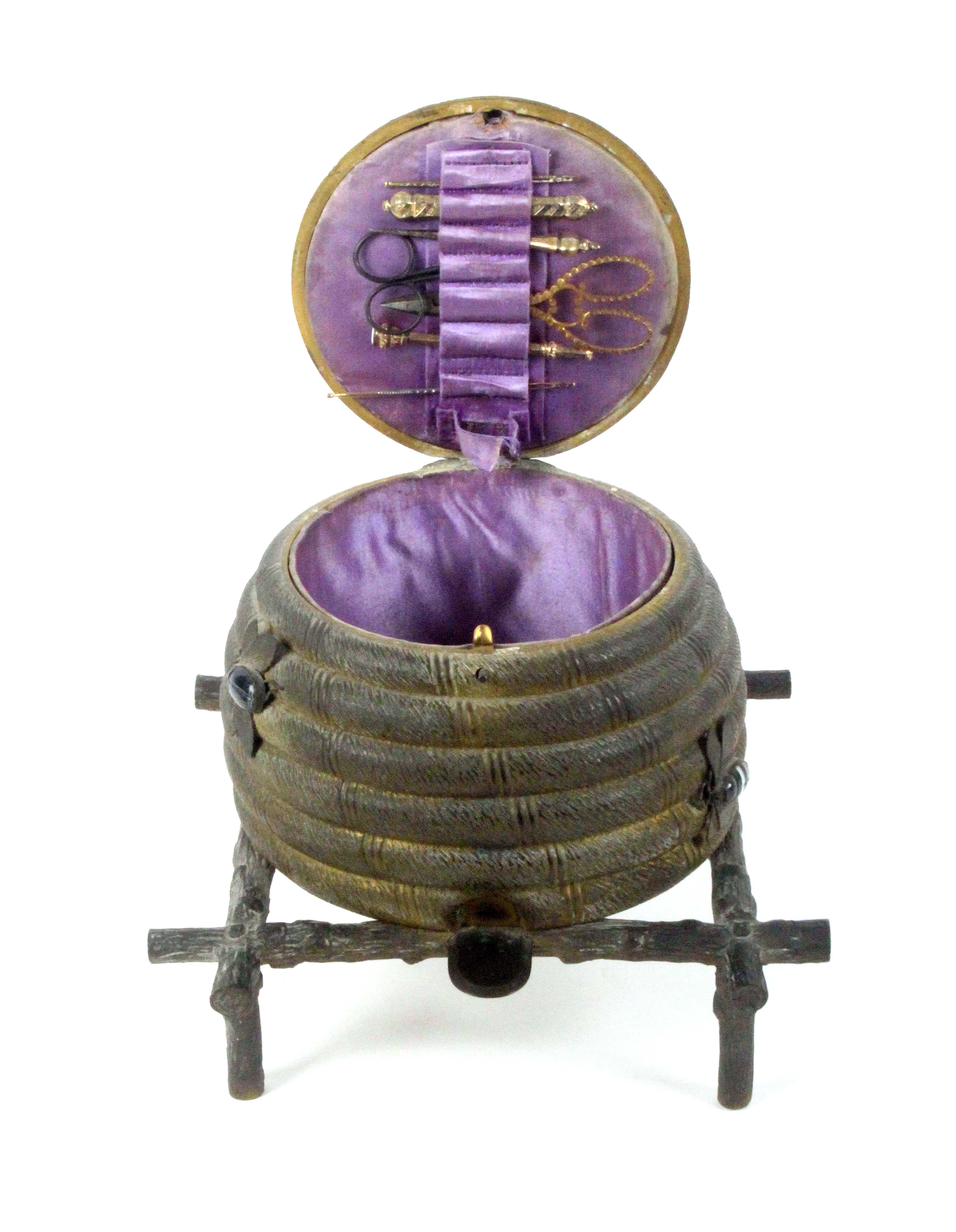 An unusual gilt metal sewing casket in the form of a bee skep, circa 1870, the surface dull, - Image 2 of 3