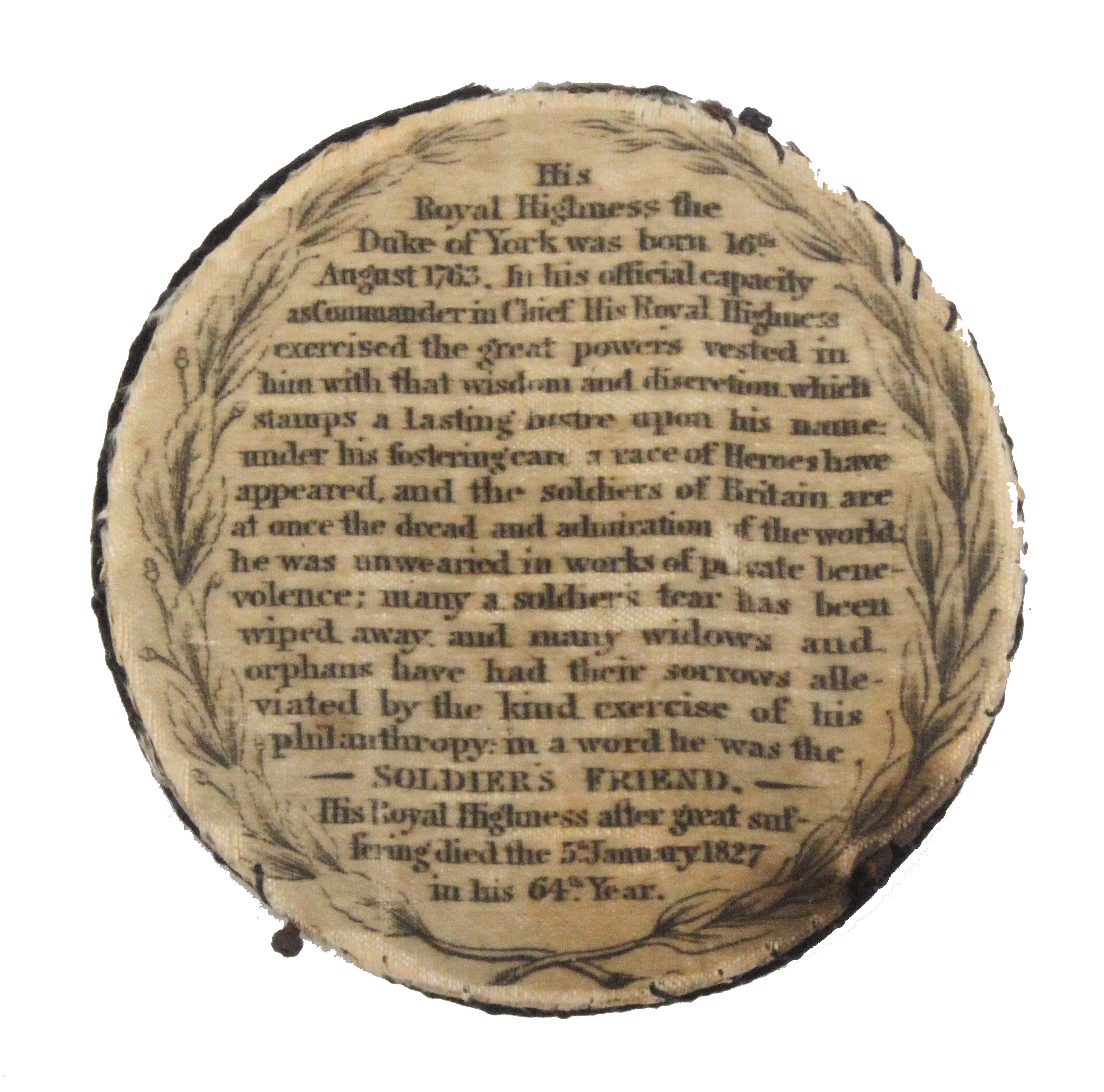 A rare printed circular silk pin disc commemorating the Duke of York, (d. 1827), one side with - Image 2 of 2