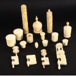 A mixed lot of 19th Century Chinese export ivory pieces, mostly with carved decoration including