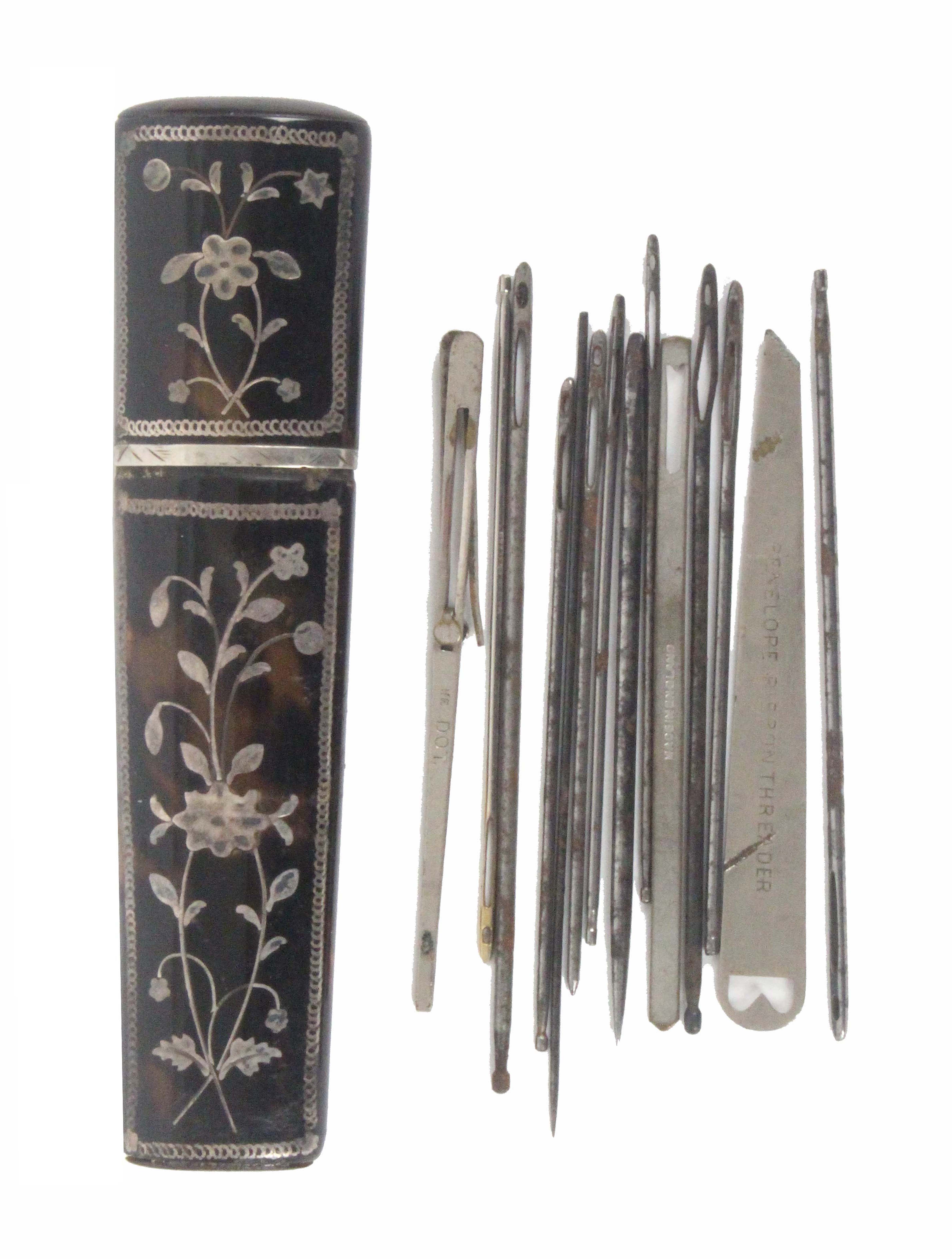 A Georgian silver inlaid tortoiseshell bodkin case, of oval section and tapering form inlaid with - Image 2 of 2