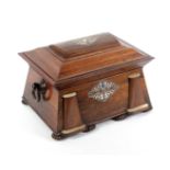 An impressive William IV rosewood and pearl mounted sewing box, of sarcophagal form, the front