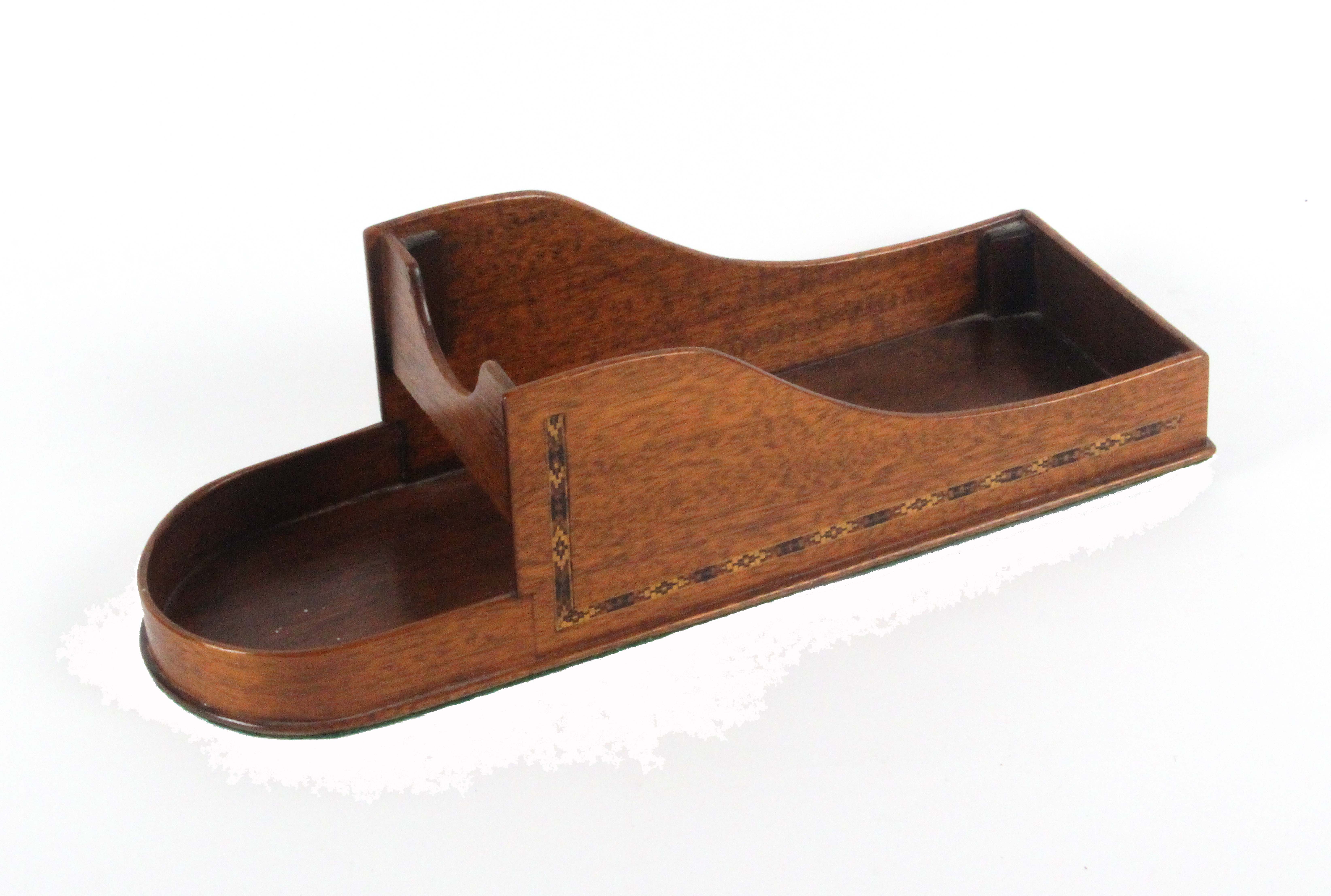 A late Tunbridge ware mahogany wine bottle cradle, the sides inset with bands of narrow geometric - Image 2 of 2