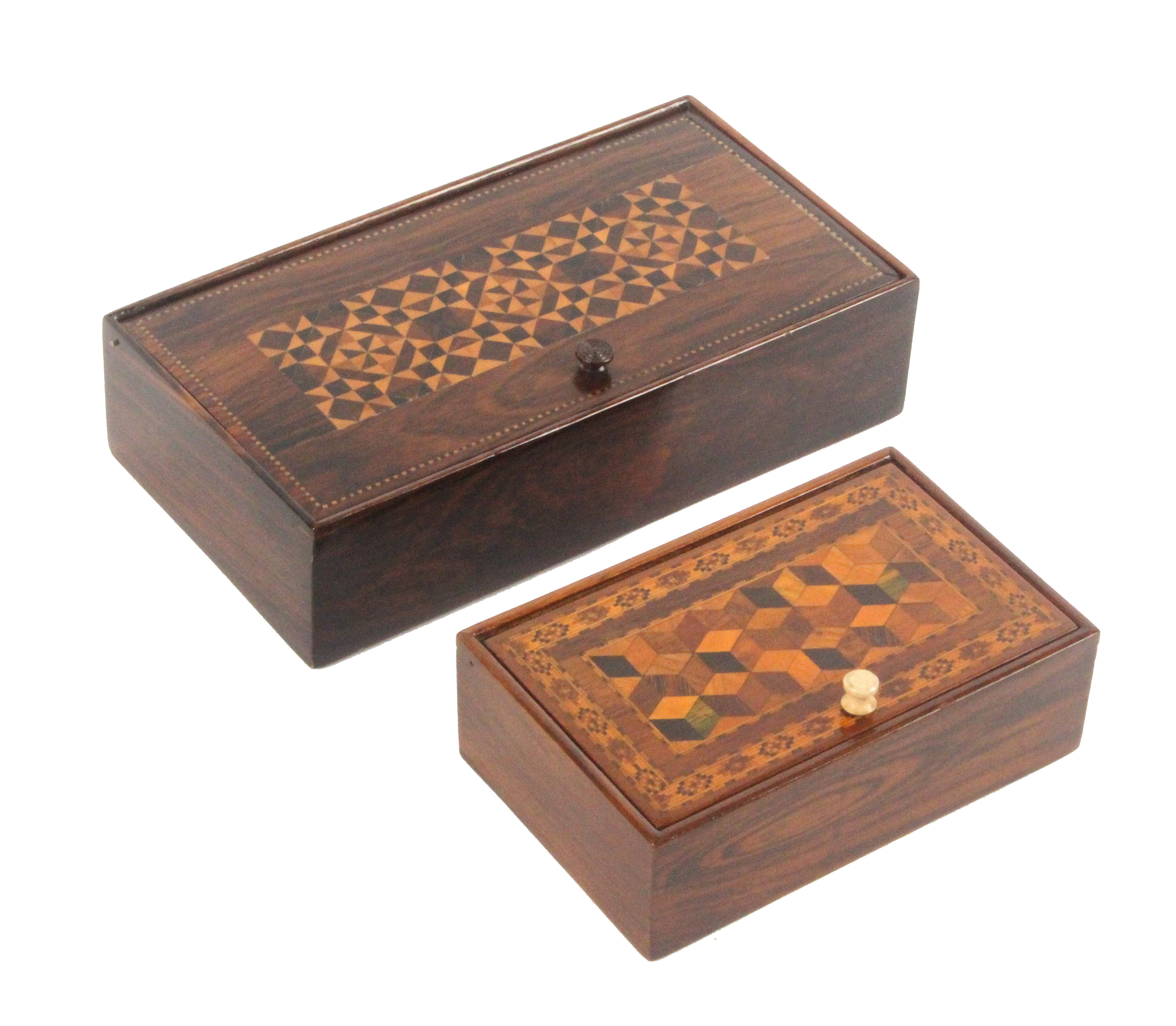 Two Tunbridge ware rosewood rectangular pin hinge boxes, comprising an example with stick ware lid