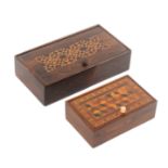 Two Tunbridge ware rosewood rectangular pin hinge boxes, comprising an example with stick ware lid