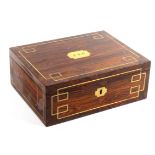 A finely fitted kingwood and brass inlaid small format sewing box, circa 1835, of rectangular