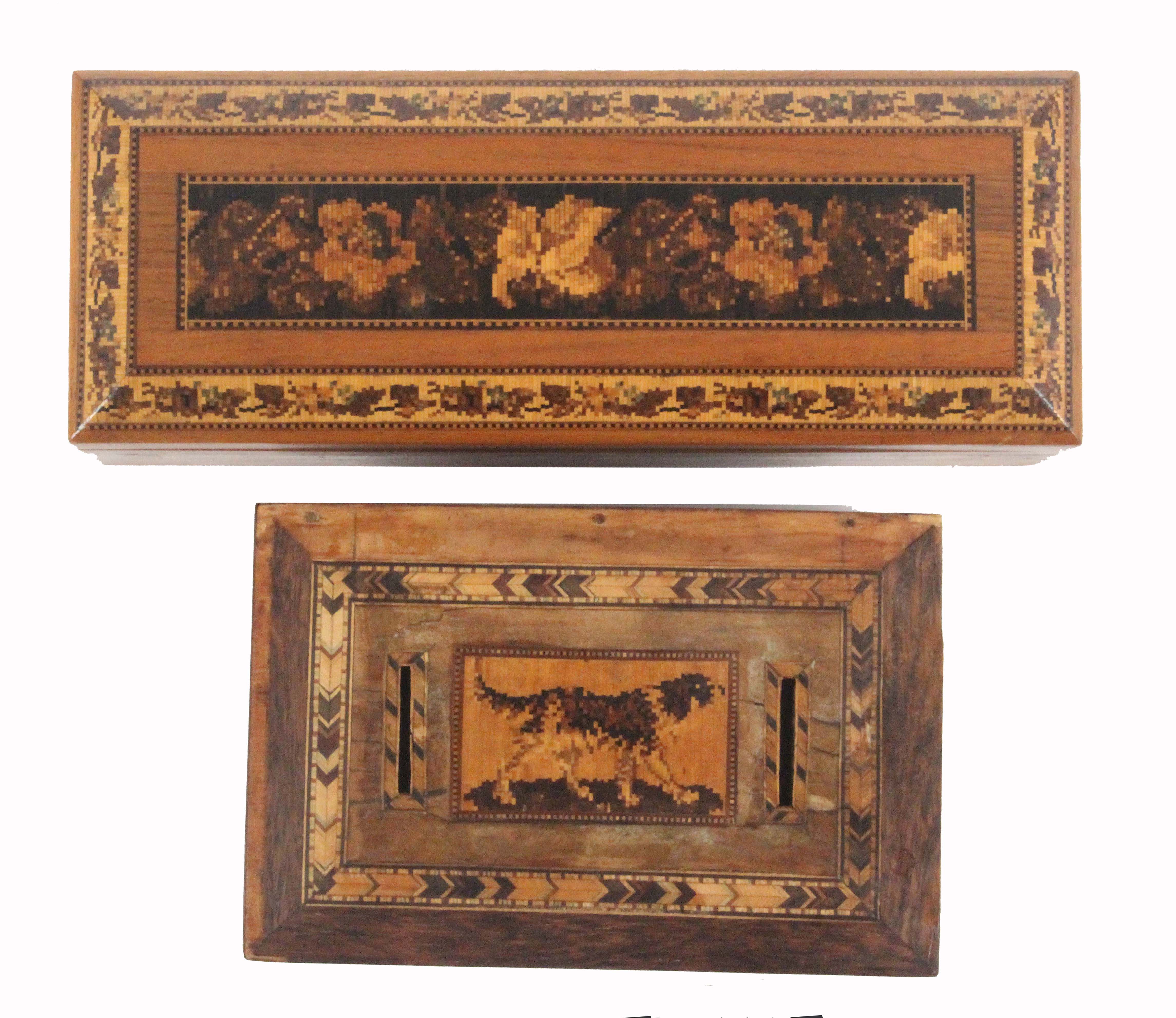 Two Tunbridge ware boxes, comprising a late rectangular example the lid with a panel of floral - Image 2 of 2