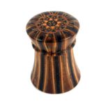 A Tunbridge ware cylinder vesta case, the capstan form stick ware body with screw top with