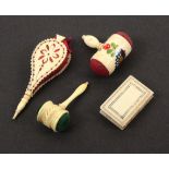 Four 19th Century ivory and bone pin cushions, comprising two gavel form examples, one with floral