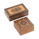 Two Tunbridge ware boxes, comprising a rectangular rosewood example, the sliding lid with