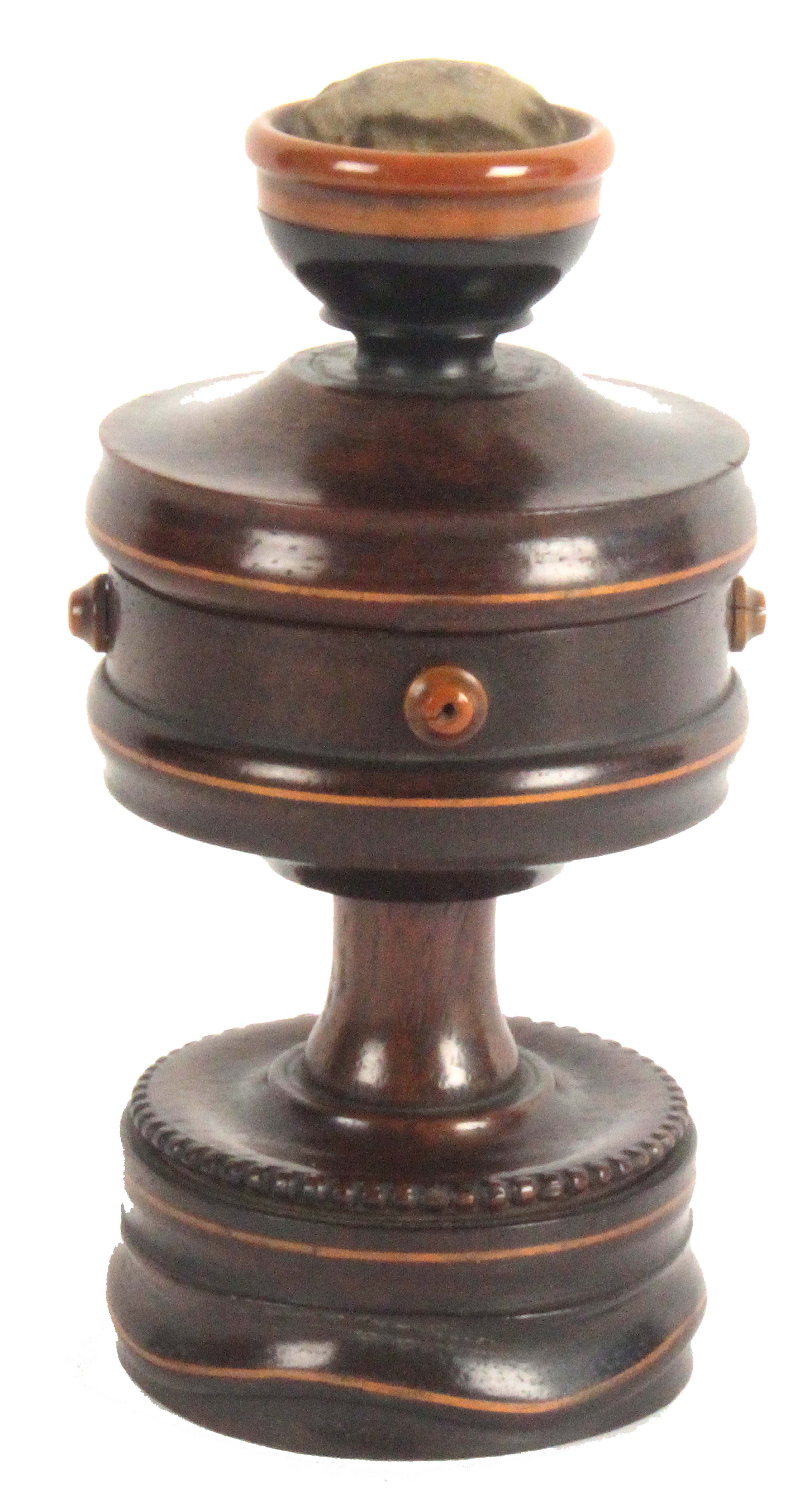 A continental rosewood, boxwood line inlaid and mounted urn form sewing companion, circa 1840, the