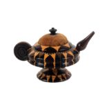 A good Tunbridge stick ware pin cushion in the form of a tea pot, the domed velvet cushion with