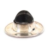 A silver pin cushion in the form of a military or scouting hat, the hinged cover now in well worn