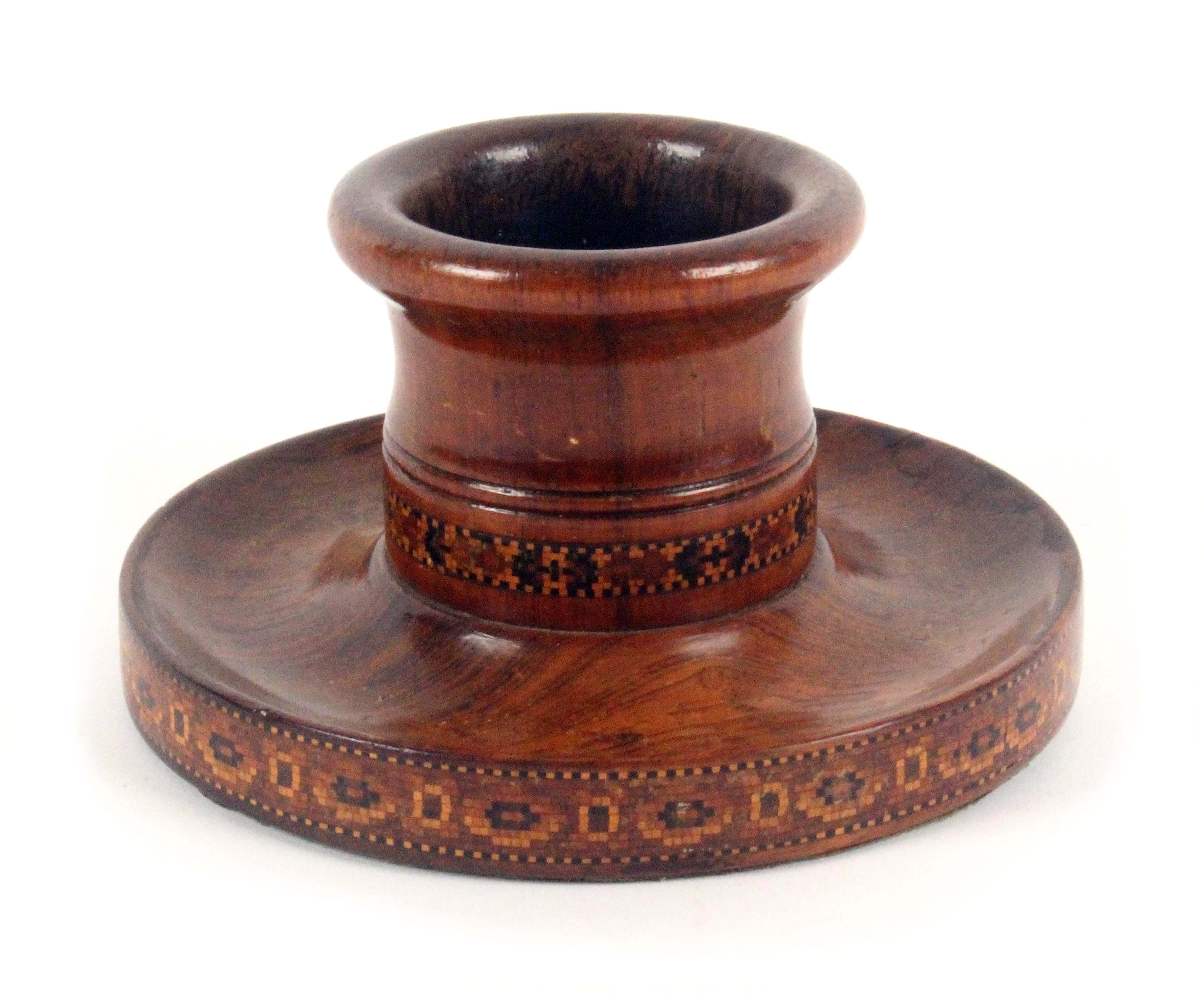 A rosewood Tunbridge ware vesta or spill holder, the dished circular base with geometric border