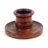 A rosewood Tunbridge ware vesta or spill holder, the dished circular base with geometric border