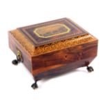 A rare early Tunbridge ware print and penwork rosewood sewing box by George Wise, of sarcophagal