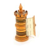 Tunbridge ware - a whitewood line painted needle flannel role, in the form of a turret, 7cms.