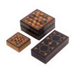 Three Tunbridge ware boxes, comprising a rosewood rectangular example, the lid in geometric stick