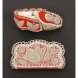 Two pieces of American-Indian bead work, comprising a leather and red cloth moccasin with clear