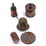 Tartan ware - sewing - five pieces, comprising a girdle form pin cushion (Rob Roy), 4cms, a disc