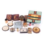 Two needle books and various pin boxes and discs, etc., comprising a Kirby Beard and Co leather