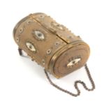 A French leather, gilt brass and mother of pearl mounted purse and sewing companion, of oval