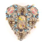 A large format pin stuck heart form pin cushion, with woven silk panels 'Faith, Hope, Charity' and