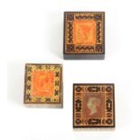 Three Tunbridge ware stamp boxes, of rectangular form one with Queen Victoria head 'Postage