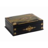 A papier mache sewing box commemorating the Great Exhibition of 1851, of rectangular form, the