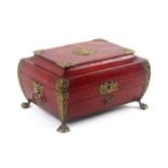 A rare Regency red leather sewing box commemorating the Duke of Wellington's defeat of Napoleon