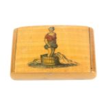 A Mauchline ware wooden hinge snuff box, the slightly curved lid with a colour print depicting '