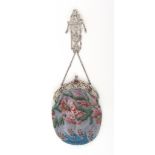 An impressive Dutch silver mounted bead work bag, the bag with colourful flowers and leaves on a