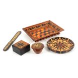 Tunbridge ware - five pieces, comprising a rectangular mahogany card tray, the cube work base within