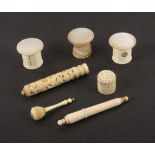 A mixed lot - sewing, comprising a bone cylinder form trio with mother of pearl tops comprising