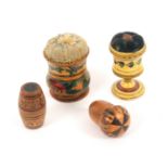 Tunbridge ware - sewing - four pieces, comprising an early ring and floral painted vase form pin