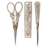 A Palais Royal mother of pearl and silver inlaid sewing trio, comprising a rectangular needle case